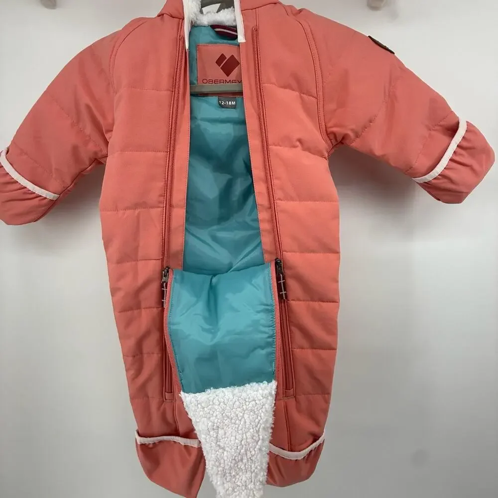 Obermeyer Baby Snowsuit Bunting Coral Pink Floral Pompom Hooded 12-18M Winter